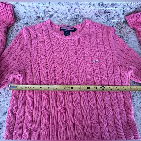 Vineyard Vines Barbie Core Pink Cable Knit Sweater Green Whale Logo Size M - Picture 7 of 8